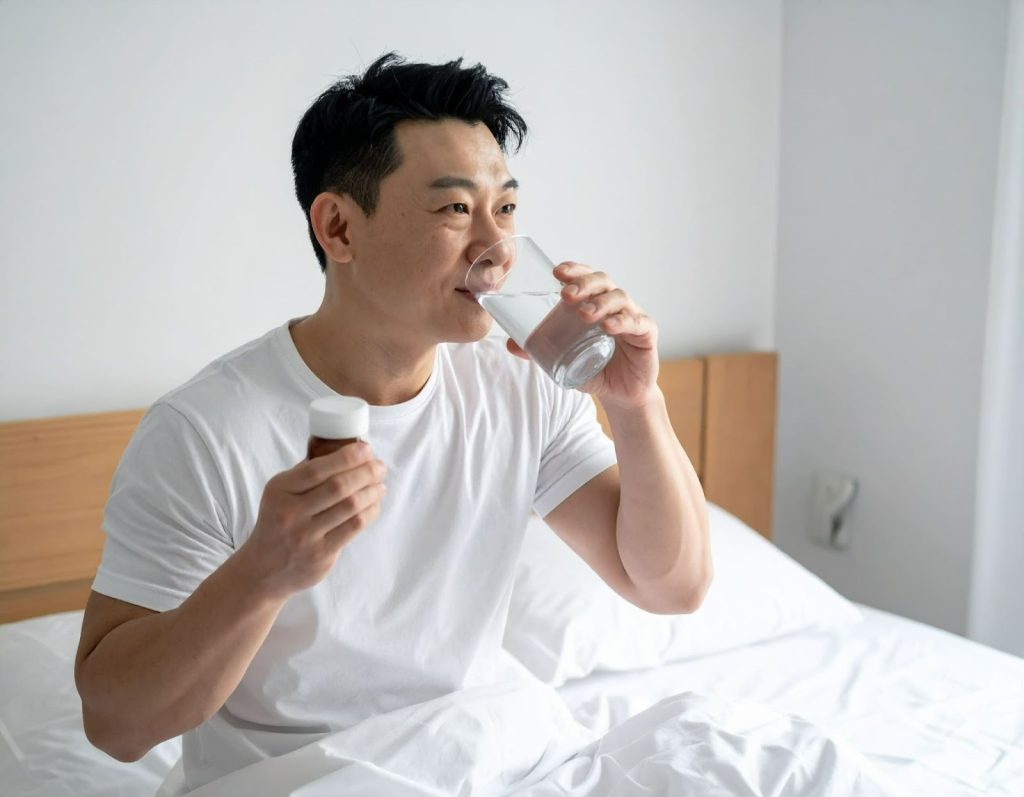 亞洲人男性在床邊喝水搭配保健品