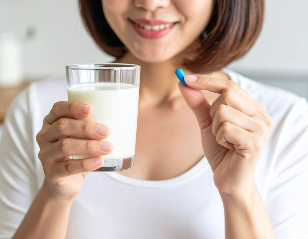 亞洲人女性在廚房拿著牛奶與鈣片比較