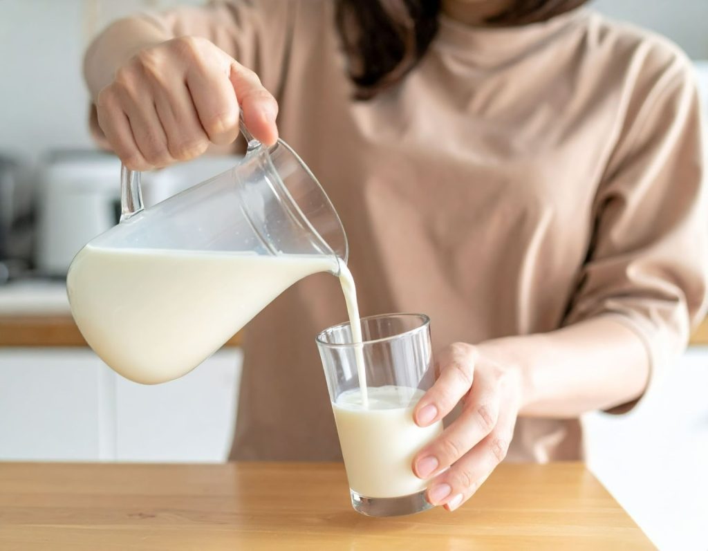 亞洲人女性在廚房倒牛奶準備飲用