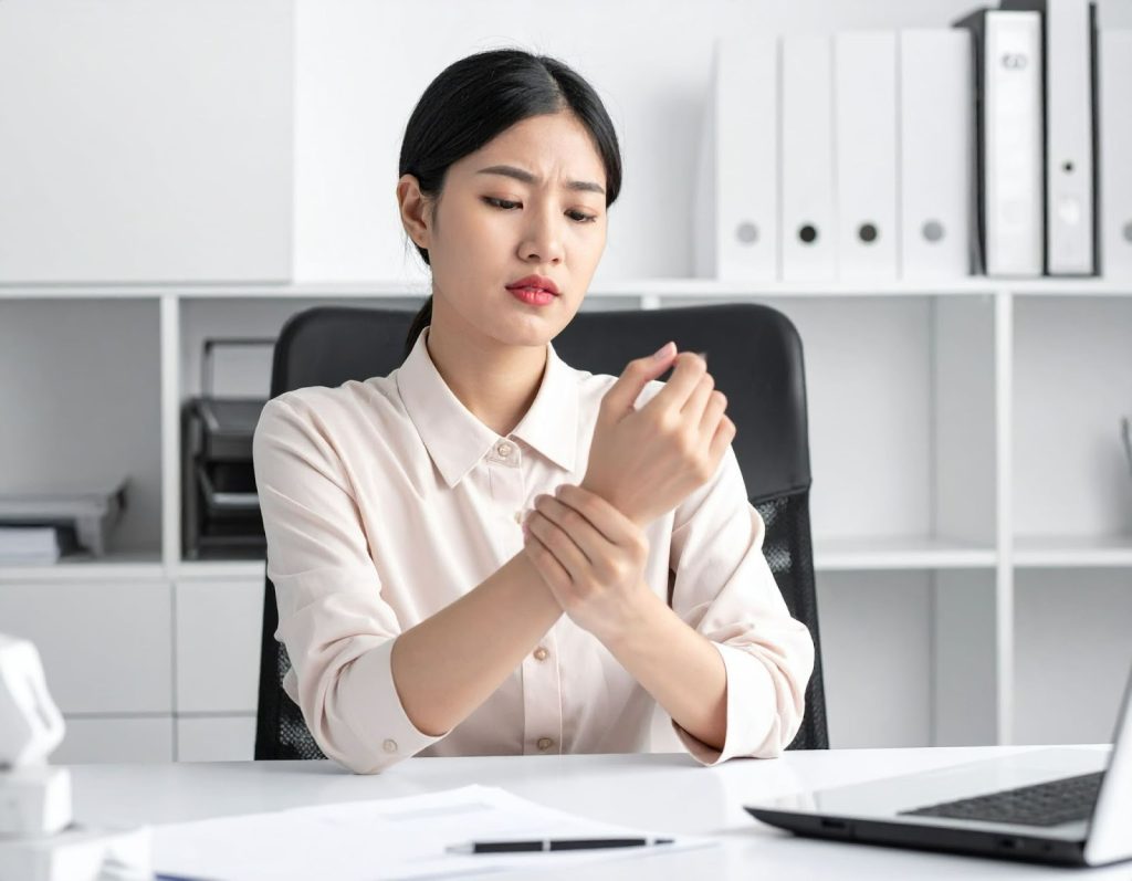 女子在辦公室裡按著疼痛的手腕，表情不舒服