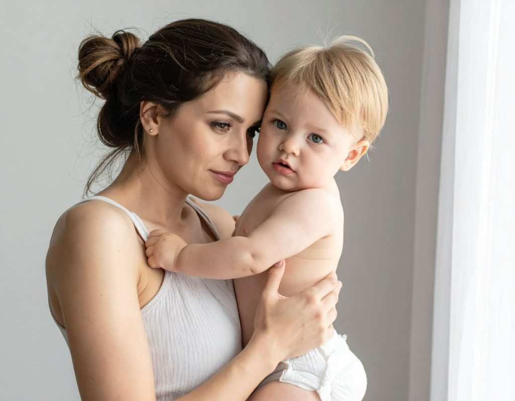 媽媽抱著嬰兒手腕露出不適表情