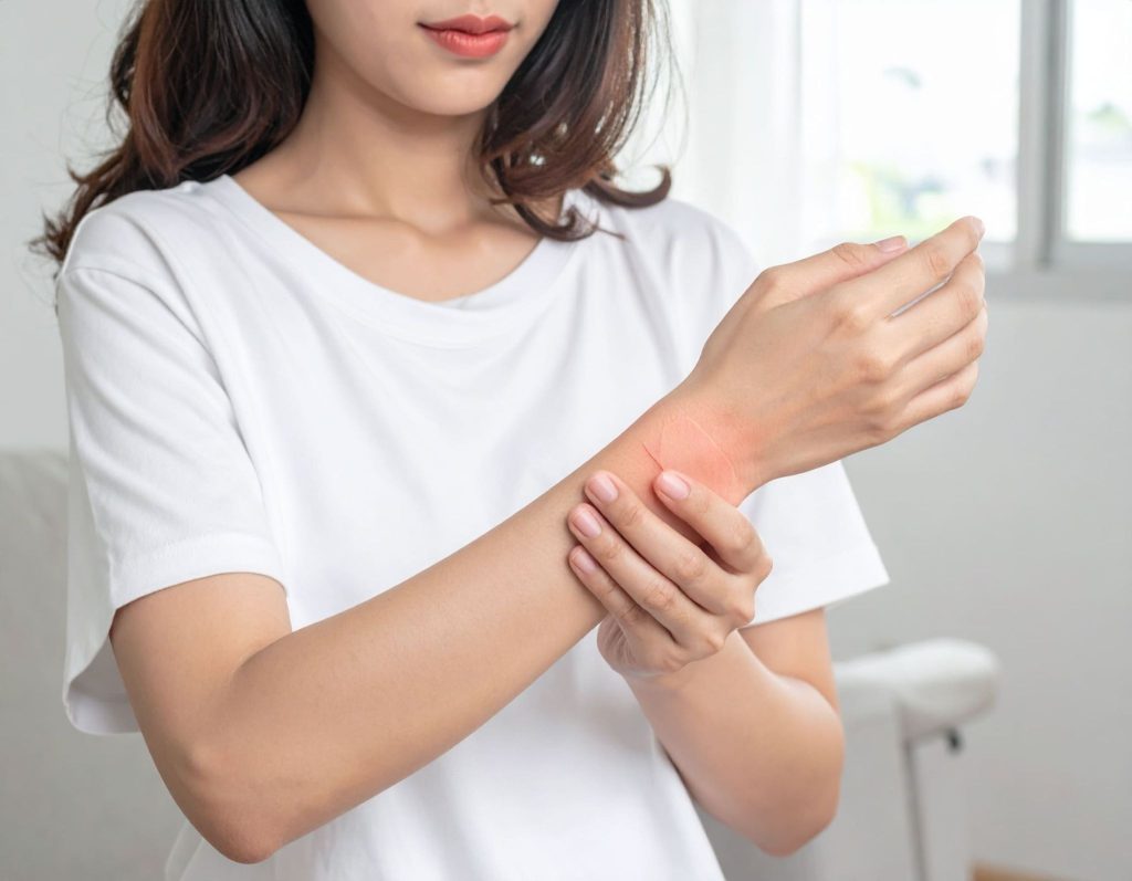 女性（亞洲人）手腕疼痛貼藥膏表情無奈